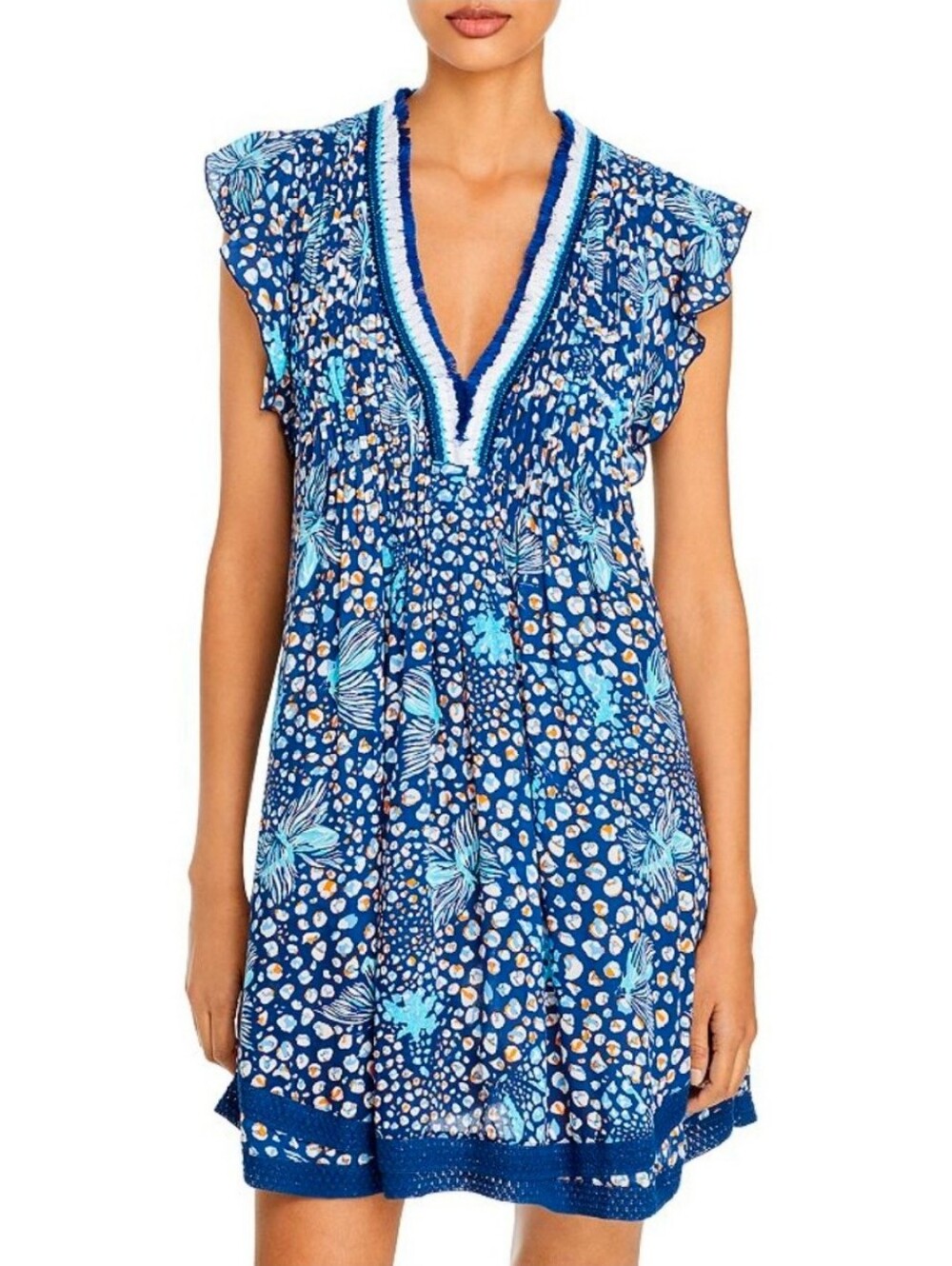 Poupette St Barth Navy Blue Farfalla Butterfly Print Sasha V Neck Mini Dress